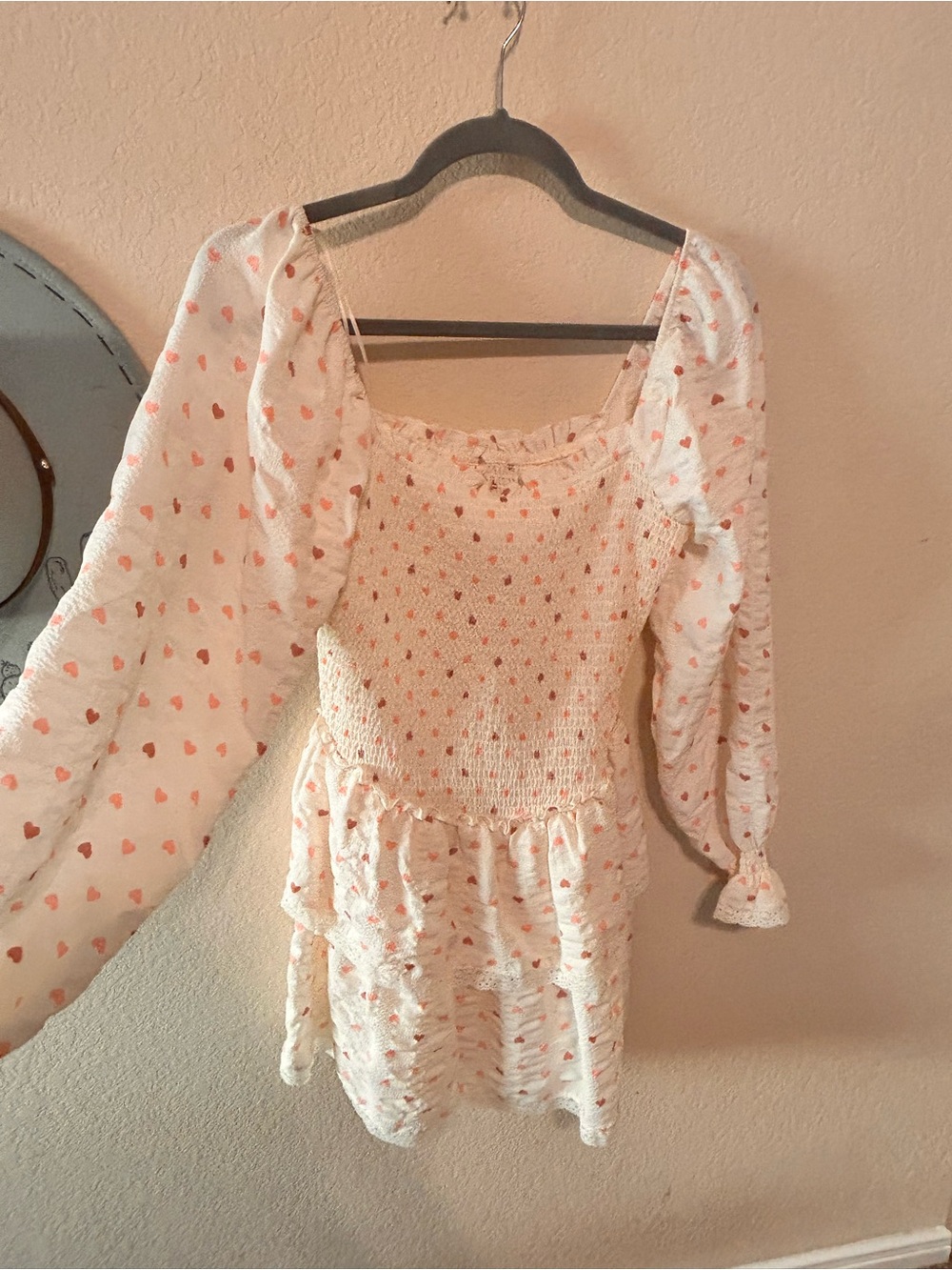 White Smocked Mini Dress with Pink Heart Print